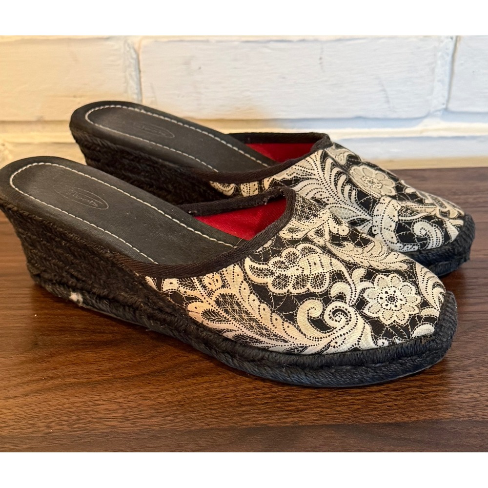 Talbots Womens Black White Floral Lace Espadrille Wedge Slides Sandals Size 6.5